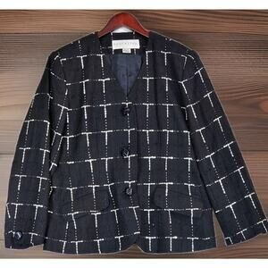 Doncaster Womens 100% Silk Black & White Plaid Button Front Jacket Blazer Sz 14